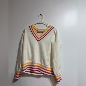 Kerri Rosenthal Get Happy V-Neck Stripe Trim varsity Sweater